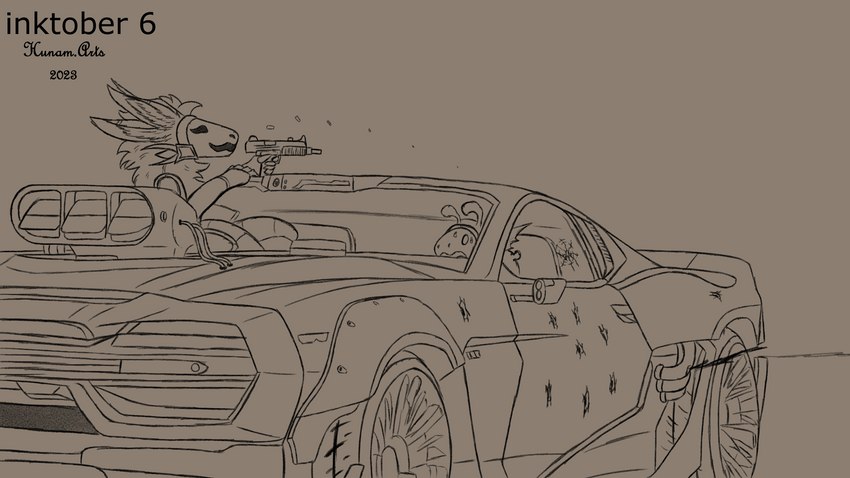 anthro black_and_orange bullet bullet_hole car duo female fur gun inside_car inside_vehicle machine male motor_vehicle protogen_visor ranged_weapon scared vehicle visor weapon hunamarts mizu_(protogen) shizuka(protogen) protogen 16:9 hi_res monochrome widescreen