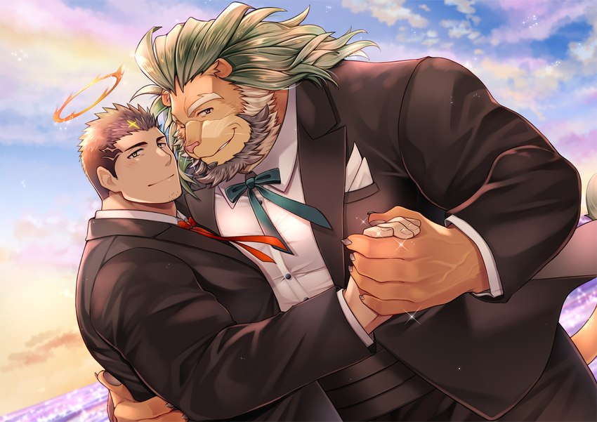 anthro beach blush clothing duo green_hair hair hand_holding male male/male mature_male necktie romantic romantic_couple seaside smile suit youzora_samo18 lifewonders tokyo_afterschool_summoners arsalan_(tas) zabaniyya_(tas) angel felid human lion mammal pantherine