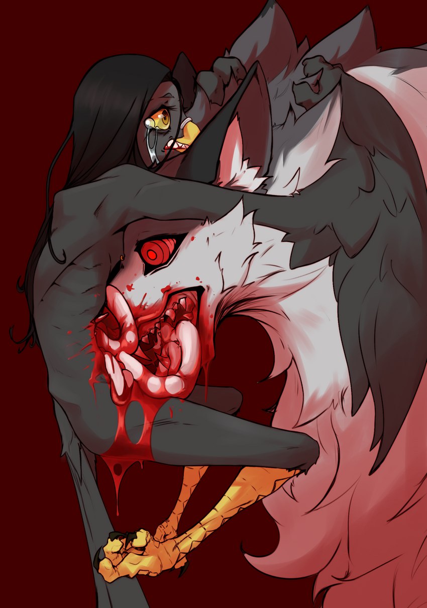 4_toes anisodactyl anthro beak beak_piercing blood blood_from_mouth blood_in_mouth blood_on_face blood_splatter bodily_fluids disembowelment duo excessive_blood facial_piercing feathers feet feral furgonomics furry-specific_piercing gore gore_focus guts hair hard_vore intestines male nipple_piercing nipples open_mouth organs piercing red_eyes tail tears toes vore wings yellow_eyes chalk_outline hill_(chalk_outline) avian bird canid canine canis corvid corvus_(genus) crow mammal oscine passerine wolf absurd_res clip_studio_paint_(artwork) digital_media_(artwork) hi_res