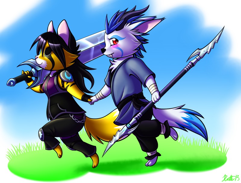 anthro armor blue_background chibi clothing duo eyes_closed female male melee_weapon polearm red_eyes simple_background spear sword weapon conditional_dnp ratte legacy_(ratte) kirai yukikiba canid canine faraden felid highland_psycrhen hybrid mammal new_faraden psycrhen 2013 digital_media_(artwork) hi_res