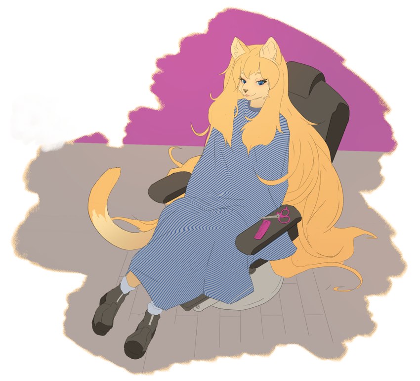 anthro barber blonde_hair chair clothing female footwear fur furniture hair long_hair scissors shoes sitting smile solo tan_body tan_fur corablue nettie felid mammal 2024 digital_media_(artwork) hi_res