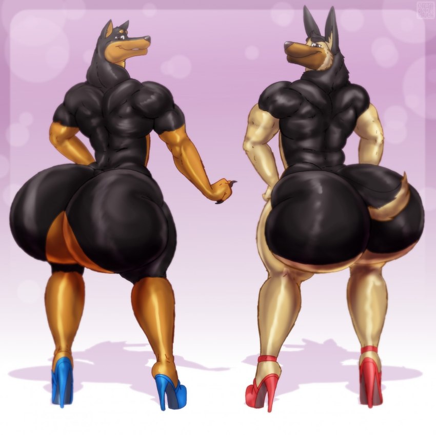 anthro big_butt black_body black_fur brown_body brown_fur butt clothing dog_tail duo femboy footwear fur group high_heels huge_butt huge_hips huge_thighs long_ears looking_at_viewer looking_back male male/male multicolored_body multicolored_fur muscular muscular_male nude pose presenting presenting_hindquarters rear_view sexy_eyes shoes short_tail size_difference smile tail thick_thighs two_tone_body two_tone_fur wide_hips darthtater342 xtrent968 canid canine canis dobermann domestic_dog german_shepherd herding_dog mammal pastoral_dog pinscher full-length_portrait hi_res pinup portrait