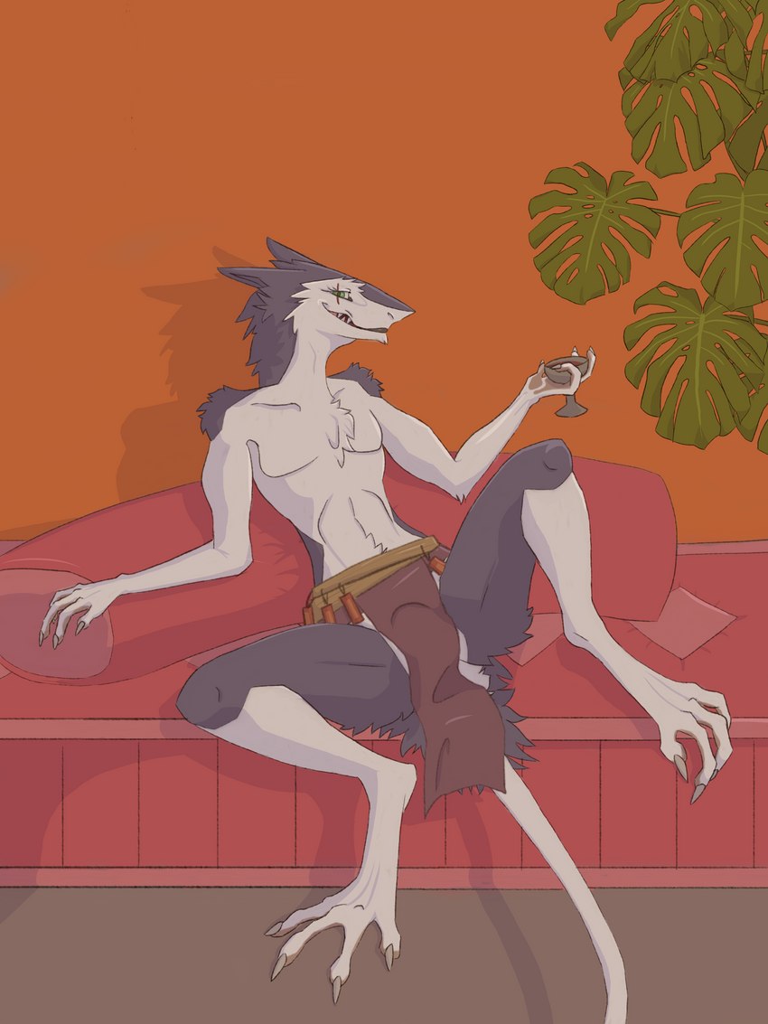 alcohol anthro beverage bottomwear bulge chest_tuft claws clothing container cup digitigrade eye_scar facial_scar fur goblet green_eyes houseplant loincloth long_tail male pelvic_curtain pillow presenting scar slim solo tail tribal tuft white_body white_fur wine peyote vilous kinjagh_(character) sergal 3:4 absurd_res hi_res