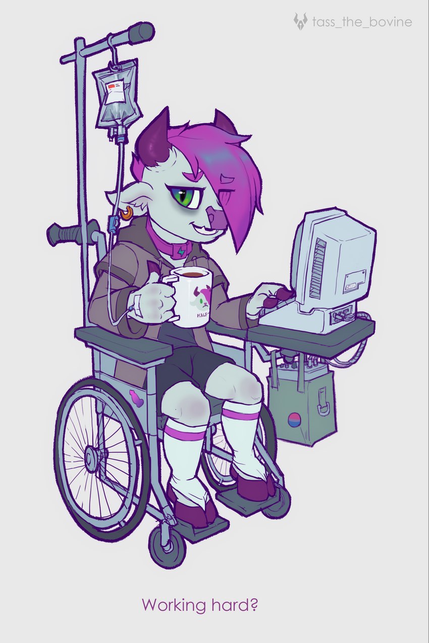 anthro beverage burnout choker clothing coffee coffee_mug computer electronics genitals green_eyes hair ill injection jewelry legwear male necklace penis purple_hair sling_shot solo stockings vehicle wheelchair working tass_the_bovine tass_(character) bovid bovine cattle mammal 2:3 absurd_res hi_res