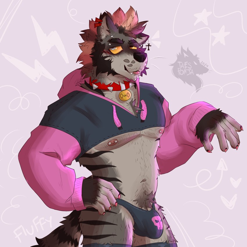 anthro beard blush body_hair bottomwear chest_hair claws clothed clothing collar collar_tag ear_piercing eyebrow_piercing facial_hair facial_piercing fangs fluffy fur grey_body grey_fur hair hoodie legwear looking_at_viewer male multicolored_body multicolored_fur multicolored_hair muscular muscular_anthro muscular_male navel neck_tuft nipple_piercing nipples pecs piercing pink_claws pubes simple_background skull_symbol smile solo stockings stripes tail teeth thigh_highs thong tongue topwear trend tuft underwear white_background yellow_eyes taesponja meme_clothing paggi_outfit canid canine canis felid feline felis hybrid mammal pantherine tiger wolf 1:1 absurd_res digital_drawing_(artwork) digital_media_(artwork) hi_res meme shaded