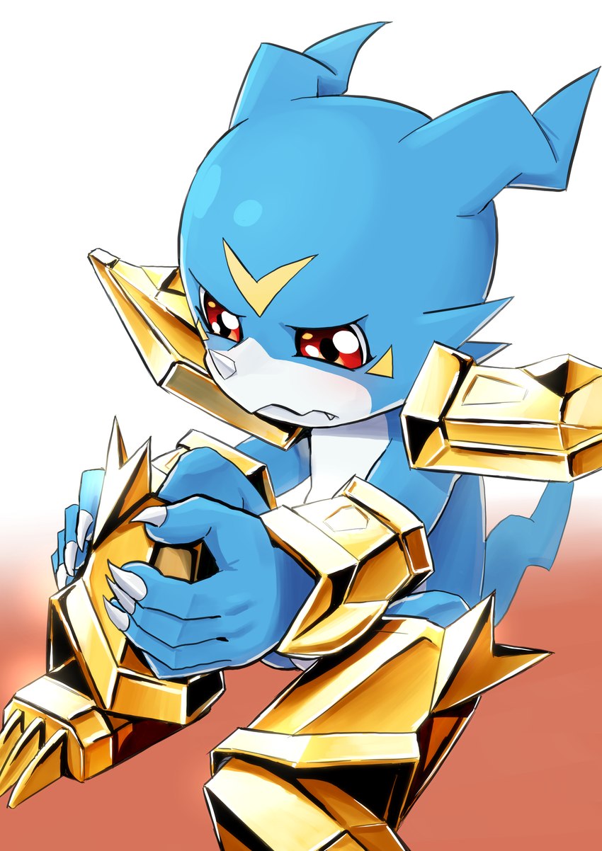 1_horn 5_fingers anthro armor blue_body blue_head blue_tail claws countershading finger_claws fingers horn multicolored_body red_eyes shoulder_guards solo tail teeth white_body white_countershading yellow_body hase_popopo bandai_namco digimon digimon_(species) magnamon veemon 2023 absurd_res hi_res