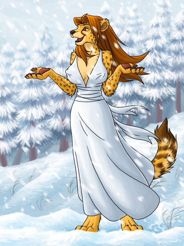 3_toes anthro barefoot breasts brown_hair brown_pawpads claws clothed clothing digitigrade dress exposure_variation feet female gesture hair long_hair nipple_outline open_mouth outside pawpads paws plant shrug skimpy snow snowing solo spots tail toes tongue tree yellow_sclera hyhlion cc-by-sa creative_commons license_info fahada_(wangmiaomiao) cheetah felid feline mammal 2015 3:4 absurd_res hi_res