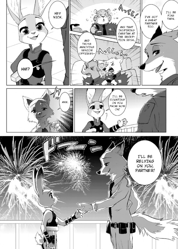 anthro dialogue female fireworks fur male text namagakiokami disney zootopia benjamin_clawhauser judy_hopps nick_wilde officer_mchorn canid canine canis cheetah felid feline fox lagomorph leporid mammal rabbit red_fox rhinoceros true_fox wolf 2016 comic english_text hi_res monochrome