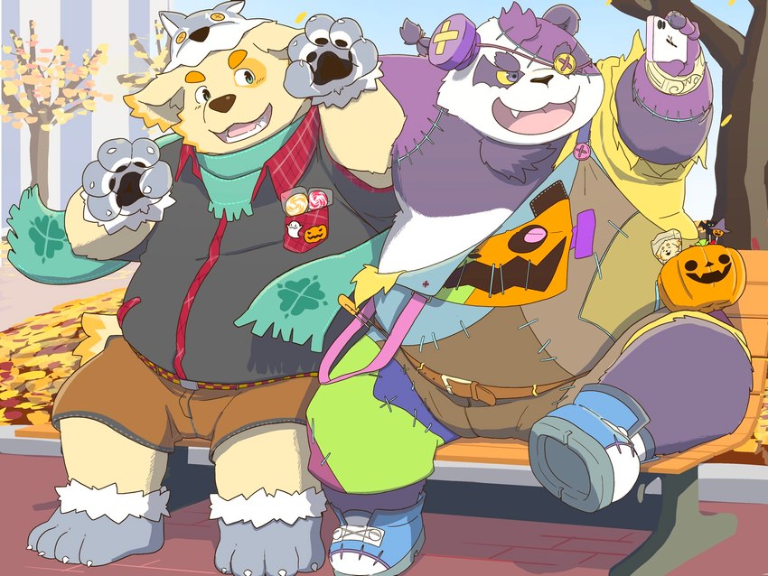 anthro belly bench big_belly bottomwear brown_body cellphone clothing costume duo electronics halloween_costume holidays kemono male outside overweight overweight_male phone plant purple_body scarf shorts sitting smartphone tree white_body sumeshi_daga halloween lifewonders tokyo_afterschool_summoners alp_(tas) cu_sith_(tas) bear canid canine canis domestic_dog giant_panda mammal 2024 4:3 hi_res