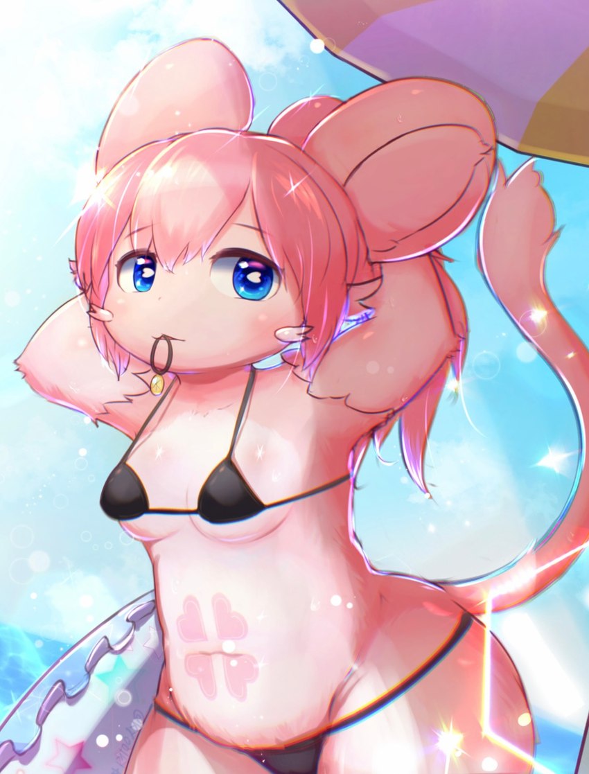 abdominal_tattoo anthro bikini black_clothing black_swimwear blue_eyes blue_sky breasts clothing cloud covered_breasts female fur hair hair_tie_in_mouth heart_(marking) markings medium_breasts micro_bikini navel parasol pink_body pink_fur pink_hair ponytail round_ears sea sky solo sparkles splash summer swim_ring swimwear tail thick_thighs two-piece_swimsuit under_boob vrchat_model water wide_hips kyoolkl mokuri_project lesser_mokuri mammal 2025 hi_res