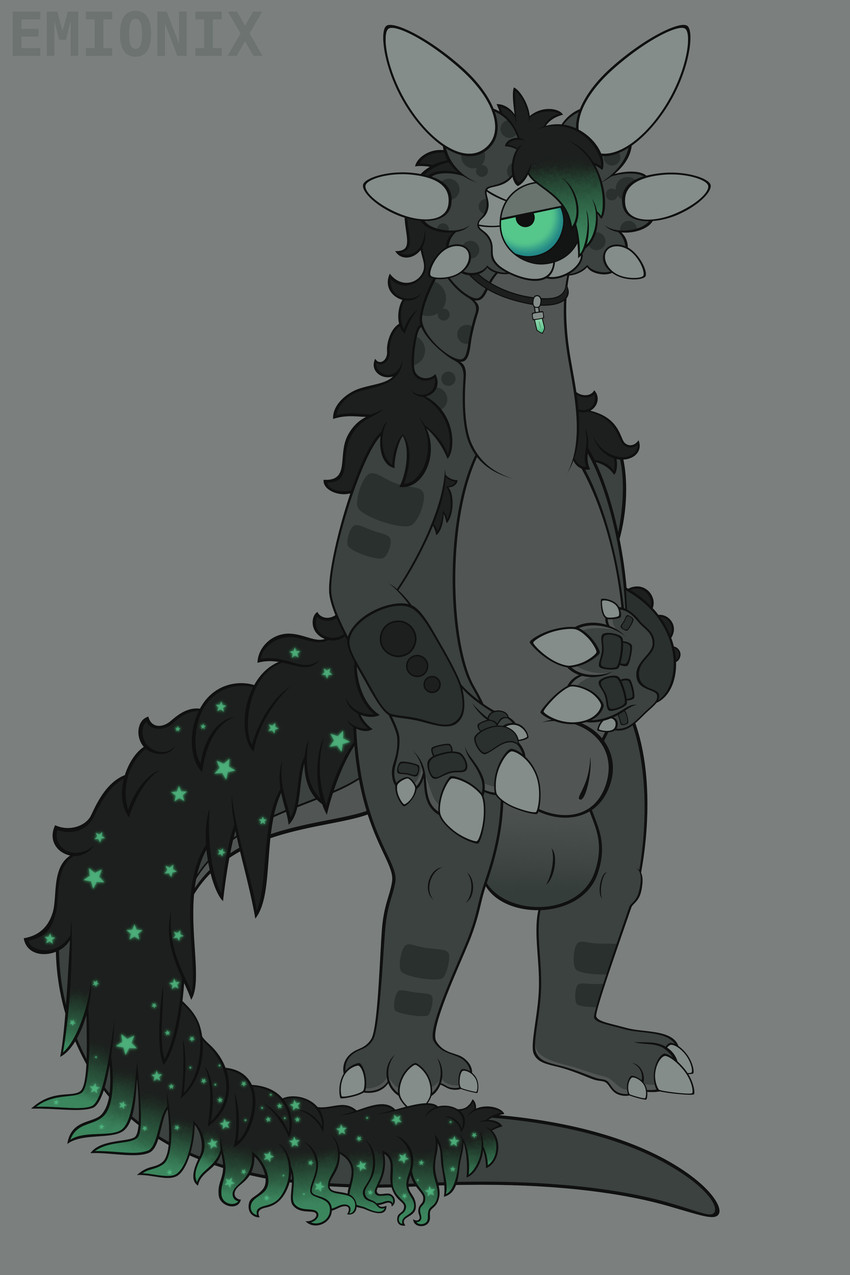 1_eye 3_toes 4_fingers 6_ears accessory animal_genitalia anthro armpit_hair back_mane balls bangs big_balls big_claws big_hands big_sheath black_hair black_mane black_sclera body_hair claws countershade_feet countershade_hands countershade_torso countershading crystal emo_haircut featureless_chest feet finger_claws fingers front_view fully_sheathed genitals green_eyes green_hair green_mane grey_balls grey_body grey_claws grey_countershading grey_markings grey_sheath hair half-closed_eyes hand_on_belly huge_balls huge_sheath jewelry lidded_eyes long_neck long_tail looking_at_viewer male male_anthro mane markings mottled mottled_body mouthless multi_ear multicolored_hair multicolored_mane narrowed_eyes necklace nude nude_anthro nude_male pendant plantigrade scutes semi-anthro sheath solo standing star_polygon tail tail_mane text thick_neck thick_tail three-quarter_view toe_claws toes toony two_tone_hair two_tone_mane unusual_ears emionix kesri alien omnilurkerbeast omnitope 2025 absurd_res artist_name digital_drawing_(artwork) digital_media_(artwork) flat_colors full-length_portrait gimp_(artwork) hi_res portrait nonbinary_(lore)