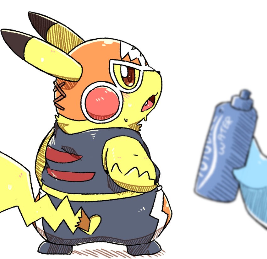 ambiguous_gender bottle clothing container cosplay_pikachu_(costume) dipstick_ears duo ear_markings mask multicolored_ears open_mouth semi-anthro simple_background solo_focus water_bottle yellow_body tatu_wani_(artist) nintendo pokemon pikachu_libre generation_1_pokemon pikachu pokemon_(species) 2023 hi_res