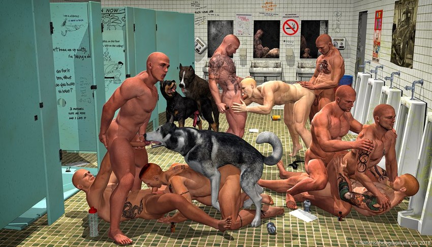 all_fours anal anal_penetration animal_genitalia animal_penis bathroom bent_over bestiality bodily_fluids buttplug buttplug_tail canine_genitalia canine_penis chastity_cage chastity_device copyright_symbol dog_tags double_penetration fake_tail fellatio feral feral_on_feral feral_penetrated feral_penetrating feral_penetrating_feral feral_penetrating_human fisting from_behind_position genital_fluids genitals group human_on_feral human_penetrated interspecies knot licking lying male male/male mirror muscular nipples on_back on_ground open_mouth oral penetration penile penis penis_lick plug_(sex_toy) public_restroom realistic_feral sex sex_toy standing symbol tail tattoo tongue tongue_out urinal urine frenchdog alaskan_malamute american_staffordshire_terrier canid canine canis domestic_dog human hunting_dog mammal mastiff molosser nordic_sled_dog rottweiler spitz terrier 2018 3d_(artwork) digital_media_(artwork) hi_res