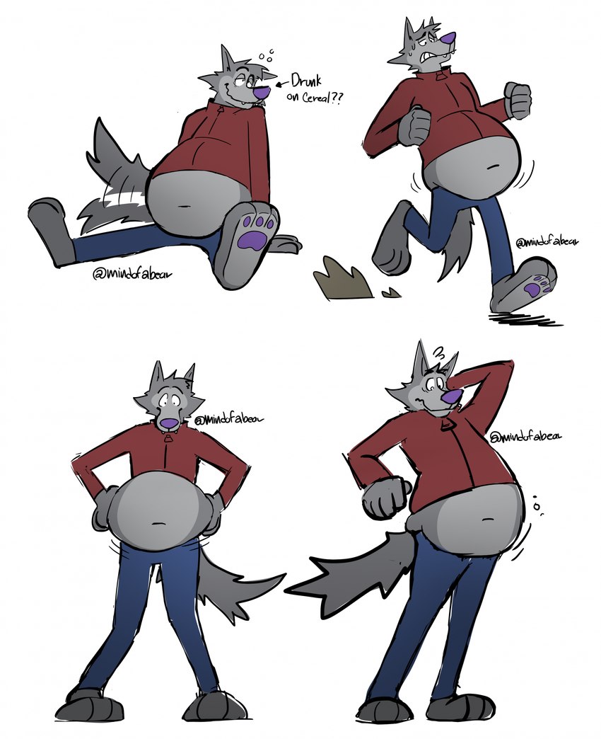 anthro belly fangs fur grey_body grey_fur male navel overweight overweight_male simple_background solo tail tail_motion tailwag teeth mindof cookie_crisp chip_the_wolf canid canine canis mammal wolf hi_res