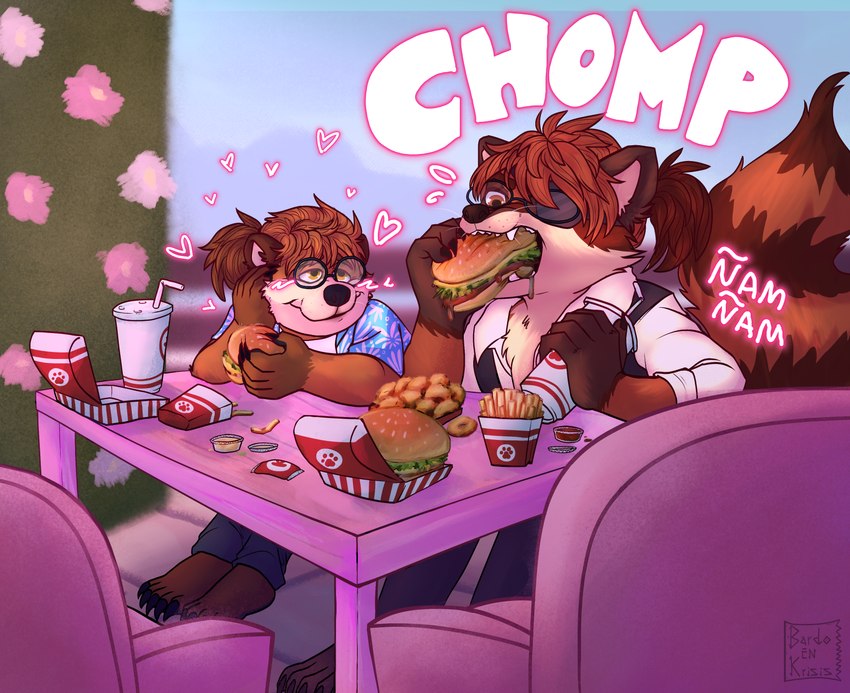 anthro blush burger couples eating eating_food fast_food food messy_eater romantic romantic_couple text bardo_en_krisis attack_on_titan hange_zoe bear mammal procyonid raccoon absurd_res hi_res