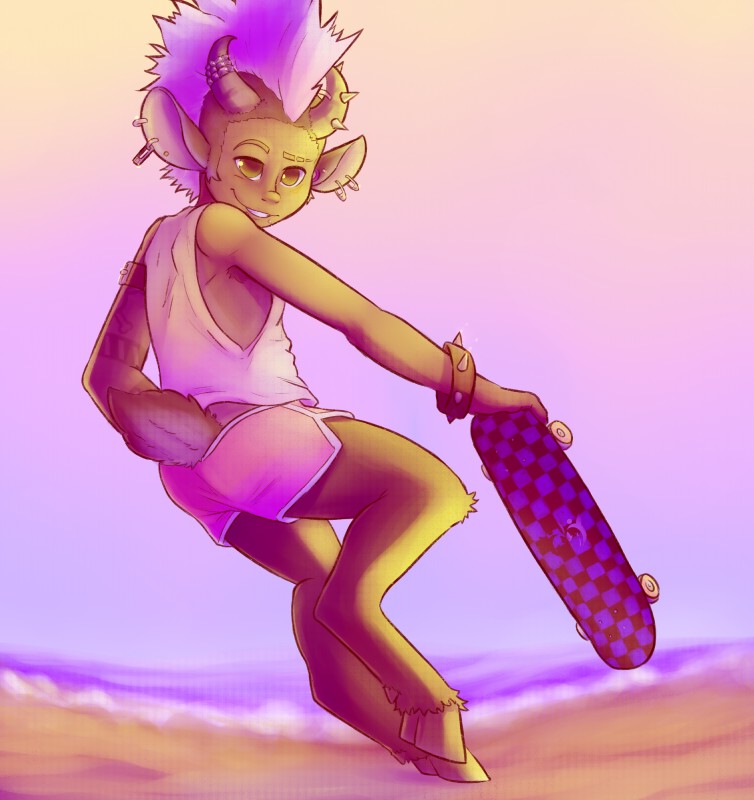 action_pose armpit_hair beach body_hair bottomwear clothing hooves horn hotpants looking_at_viewer male outside pose rear_view seaside seductive shirt shorts skateboard solo tank_top topwear vehicle furfit huckleberry humanoid satyr absurd_res alternate_version_at_source hi_res