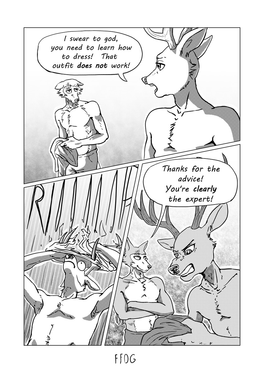 angry anthro antlers athletic clenched_teeth clothed clothing clothing_destruction countershade_face countershade_torso countershading crossed_arms dialogue dressing duo eye_contact eye_scar facial_scar fur horn humor looking_at_another male open_mouth ripping sarcasm scar shocked smile smirk speech_bubble teeth text topless topless_male topwear torn_clothing torn_topwear wardrobe_malfunction wide_eyed ffog beastars legoshi_(beastars) louis_(beastars) canid canine canis cervine deer mammal red_deer wolf 2020 absurd_res black_and_white comic english_text hi_res monochrome