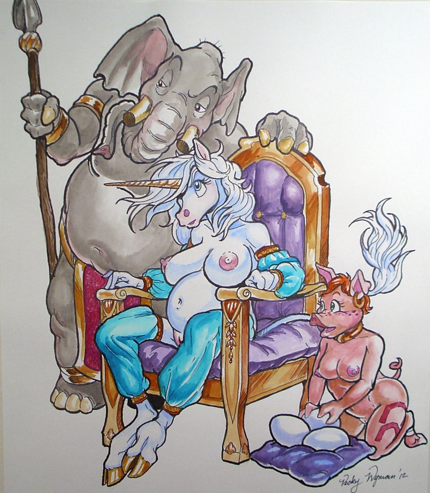 4_fingers 4_toes anthro blue_eyes bottomwear breasts brown_eyes chair clothed clothing collar collar_only curled_tail ear_piercing ear_ring egg feet female female/female fingers fur furniture genitals grey_body grey_skin group guard hair harem_outfit holding_object holding_weapon hooves horn kneeling loincloth loincloth_only male male/female master master/slave melee_weapon nipples nude overweight overweight_anthro overweight_male piercing pillow pink_body pink_breasts pink_nipples pink_pussy pink_skin polearm pregnant pregnant_anthro pregnant_female pussy red_bottomwear red_clothing red_hair red_loincloth ring_piercing simple_background sitting slave slightly_chubby slightly_chubby_female spear standing tail throne toes topless trio tusks weapon whispering white_background white_body white_breasts white_fur white_hair white_pussy vicky_wyman mythology domestic_pig elephant elephantid equid equine mammal mythological_creature mythological_equine proboscidean suid suina sus_(pig) unicorn 2012 hi_res signature traditional_media_(artwork)