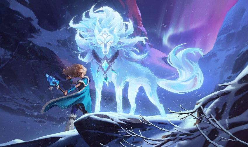 alternate_hairstyle aurora_(phenomenon) big_hair blonde_hair blue_body blue_cape blue_clothing blue_ears blue_eyes blue_fur blue_gem blue_hood blue_legwear blue_mane blue_nose blue_tail boots cape cheek_tuft clothing detailed_background duo eyelashes facial_markings facial_tuft female feral flowing_hair flowing_mane flowing_tail footwear forehead_gem forehead_markings fur fur_boots fur_trim_(clothing) furred_boots gem gem_necklace glowing glowing_body glowing_eyes hair head_markings holding_object holding_staff hood legwear long_nails looking_at_another looking_back looking_back_at_another magic_staff magic_user mane markings mountain_background mountain_pass night plant rope_necklace shoes snout snow snowflake_pattern snowing sparkles sparkling_body sparkling_character sparkling_fur staff standing tail torso_markings tree tuft wind wrist_warmers le_trong_dao dota valve crystal_maiden_wolf_persona rylai_the_crystal_maiden canid canine canis human mammal wolf 2022 better_version_at_paywall digital_media_(artwork) digital_painting_(artwork) full-length_portrait hi_res official_art portrait shaded