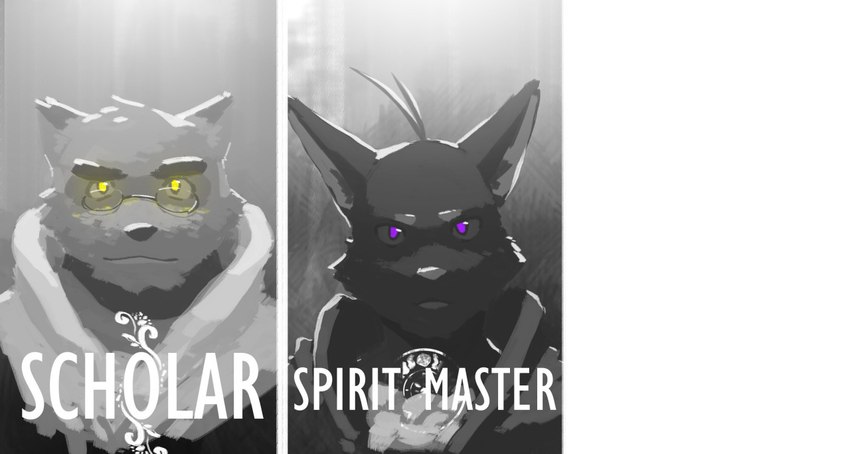 ahoge anthro clothed clothing coat diptych dramatic_lighting duo eyewear fantasy gameplay_mechanics glasses glowing glowing_eyes hair male serious_face topwear nyuudles morenatsu kounosuke_(morenatsu) shin_(morenatsu) canid canine domestic_cat felid feline felis mammal raccoon_dog tanuki 2015 digital_media_(artwork) digital_painting_(artwork) monochrome