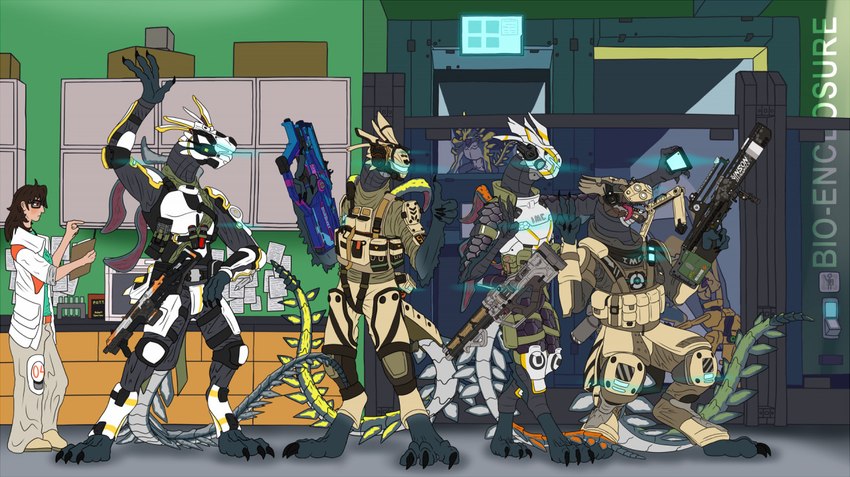 anthro armor digitigrade frill_(anatomy) group gun headgear helmet helmet_over_eyes male military ranged_weapon science_fiction tail unusual_anatomy unusual_tail weapon katuro electronic_arts respawn_entertainment titanfall titanfall_2 pilot_(titanfall) human humanoid mammal prowler scalie