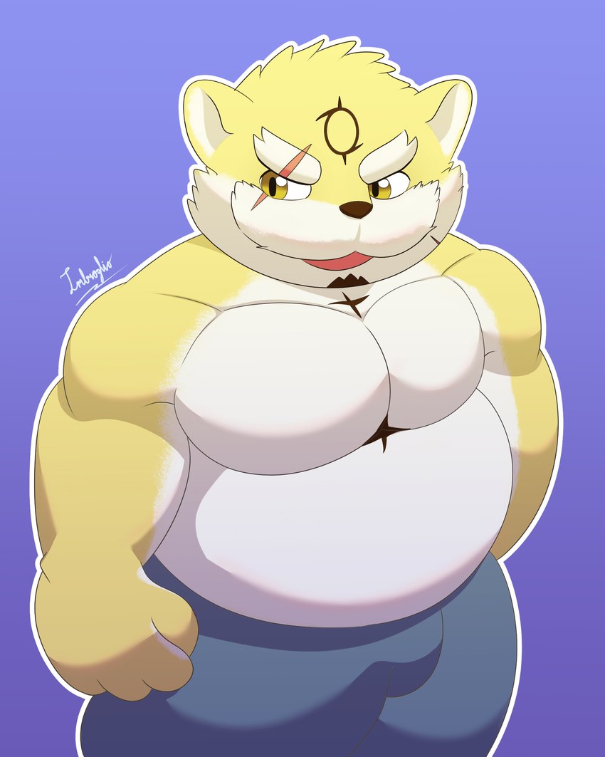 anthro belly biceps eyebrows facial_hair fur male musclegut muscular muscular_arms mustache pecs scar shirtless short_stack solo stocky thick_eyebrows yellow_body yellow_eyes yellow_fur imbroglio_24 lifewonders live_a_hero procy canid canine canis domestic_dog mammal 4:5 absurd_res hi_res