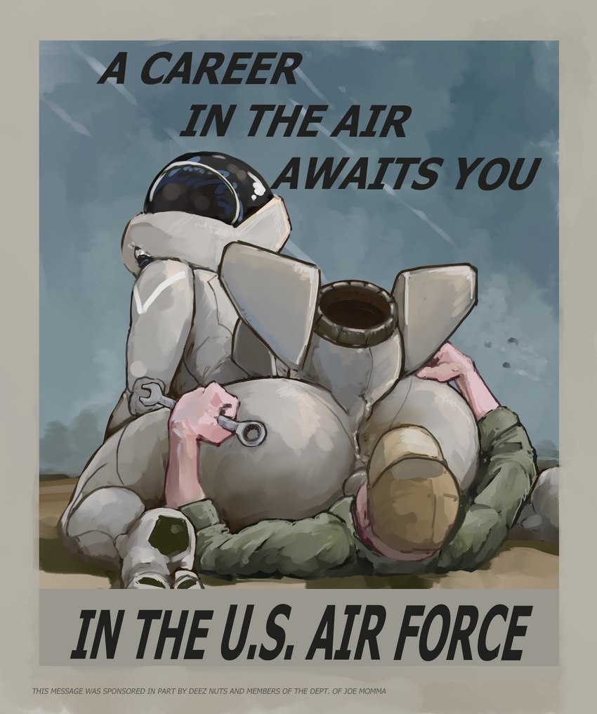 aircraft airplane anthro anus backsack balls border butt clothing duo facesitting genitals grey_border hat headgear headwear holding_object holding_tool holding_wrench machine male male/male not_furry nude outside paws recruitment_poster shirt sitting_on_another sky text tools topwear vehicle wrench gromdrawing united_states_air_force aircraft_humanoid human living_aircraft living_machine living_vehicle mammal 2023 digital_media_(artwork) english_text hi_res shaded