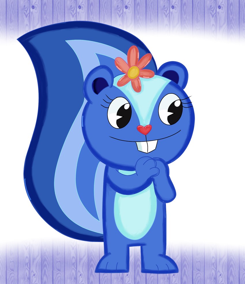 anthro big_tail black_eyes blue_body blue_inner_ear buckteeth dark_inner_ear eyelashes female front_view head_flower on_model pink_nose pose smile solo tail teeth cinematic-deer happy_tree_friends petunia_(htf) mammal mephitid skunk 2024 digital_drawing_(artwork) digital_media_(artwork) full-length_portrait hi_res portrait