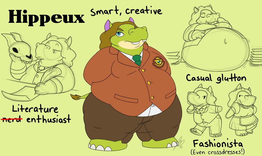 anthro belly big_belly blue_eyes clothed clothing crossdressing fashion fashionista hand_on_belly jacket maid_uniform male napkin navel overweight overweight_male referee solo teeth teeth_showing text thick_thighs topwear uniform wide_hips jouigidragon animal_crossing nintendo hippeux_(animal_crossing) common_hippopotamus hippopotamid mammal english_text hi_res model_sheet