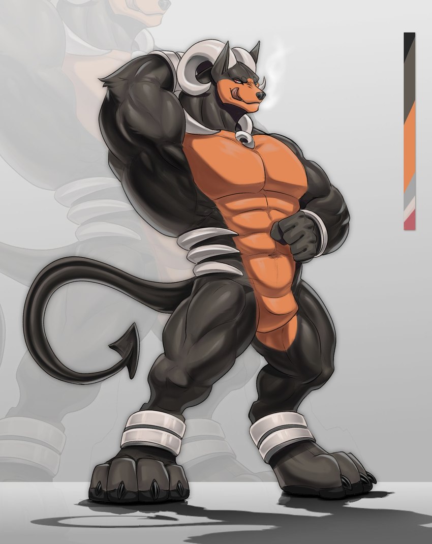 abs anthro arm_tuft biceps biped black_body black_fur black_hair black_nose body_tuft bone claws clothing featureless_crotch fist footwear fur hair hand_behind_head horn licking licking_lips licking_own_lips male muscular muscular_anthro muscular_calves muscular_legs muscular_male muscular_thighs orange_body orange_fur palette pecs pointed_tail pose red_sclera self_lick serratus sharp_tail skull solo spade_tail tail tongue tongue_out tuft underarm wristwear valentinesartx mythology nintendo pokemon canid canid_demon canine canis demon domestic_dog generation_2_pokemon hellhound houndoom mammal mythological_canine mythological_creature pokemon_(species) hi_res