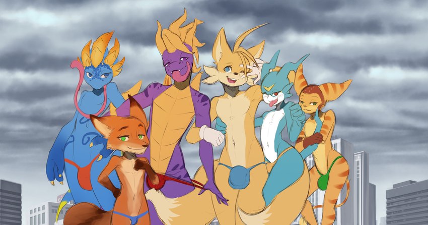 anthro bedroom_eyes bulge clothing detailed_bulge femboy group half-closed_eyes looking_at_viewer male narrowed_eyes pose seductive slim slim_anthro slim_male smile smiling_at_viewer tail tongue tongue_out underwear akazulla activision bandai_namco digimon disney mythology ratchet_and_clank scaler sega sonic_the_hedgehog_(series) sony_corporation sony_interactive_entertainment spyro_the_dragon zootopia miles_prower nick_wilde ratchet_(ratchet_and_clank) scaler_(character) spyro canid canine digimon_(species) dragon fox lombax mammal mythological_creature mythological_scalie red_fox scalie true_fox veemon absurd_res crossover hi_res pinup