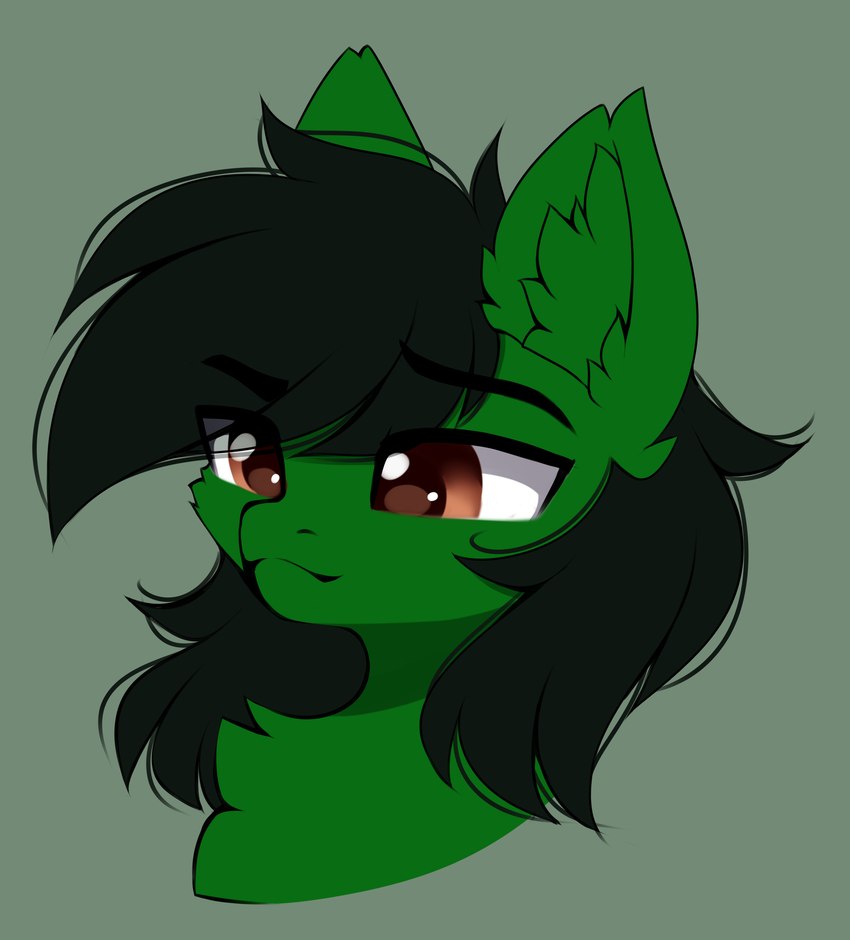 ambiguous_gender black_hair brown_eyes feral fur green_background green_body green_fur green_inner_ear_fluff hair inner_ear_fluff quadruped simple_background solo tuft airiniblock hasbro my_little_pony fan_character kendall_wilson_(oc) equid equine horse mammal pony 2021 absurd_res bust_portrait green_theme hi_res portrait