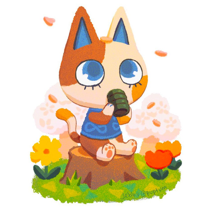 ambiguous_gender anthro beverage blue_clothing blue_eyes blue_shirt blue_topwear cherry_blossom chibi clothing container cup drinking flower holding_beverage holding_container holding_cup holding_mug holding_object looking_up mug pawpads plant prunus_(flower) shirt sitting_on_tree_stump solo topwear tree tree_stump puptum animal_crossing nintendo purrl_(animal_crossing) domestic_cat felid feline felis mammal 1:1 digital_media_(artwork)