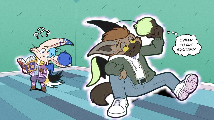 ambiguous_gender antennae_(anatomy) anthro belt clothing dialogue duo footwear grimoire hoodie jacket magical_transformation mid_transformation pom_antennae shoes shoes_on speech_bubble topwear transformation whiskers trevor-fox erakir_(character) ivalician_moogle 16:9 widescreen