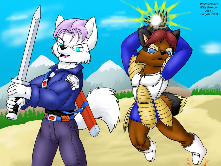 anthro armor black_nose blue_eyes brown_body brown_fur clothed clothing duo fur glowing hair male melee_weapon mountain open_mouth outside pink_hair red_hair sword sword_sheath weapon white_body white_fur furgeta dragon_ball dragon_ball_z gohan trunks_(dragon_ball) whitewolf canid canine canis fox hybrid mammal procyonid raccoon wolf 2009 4:3