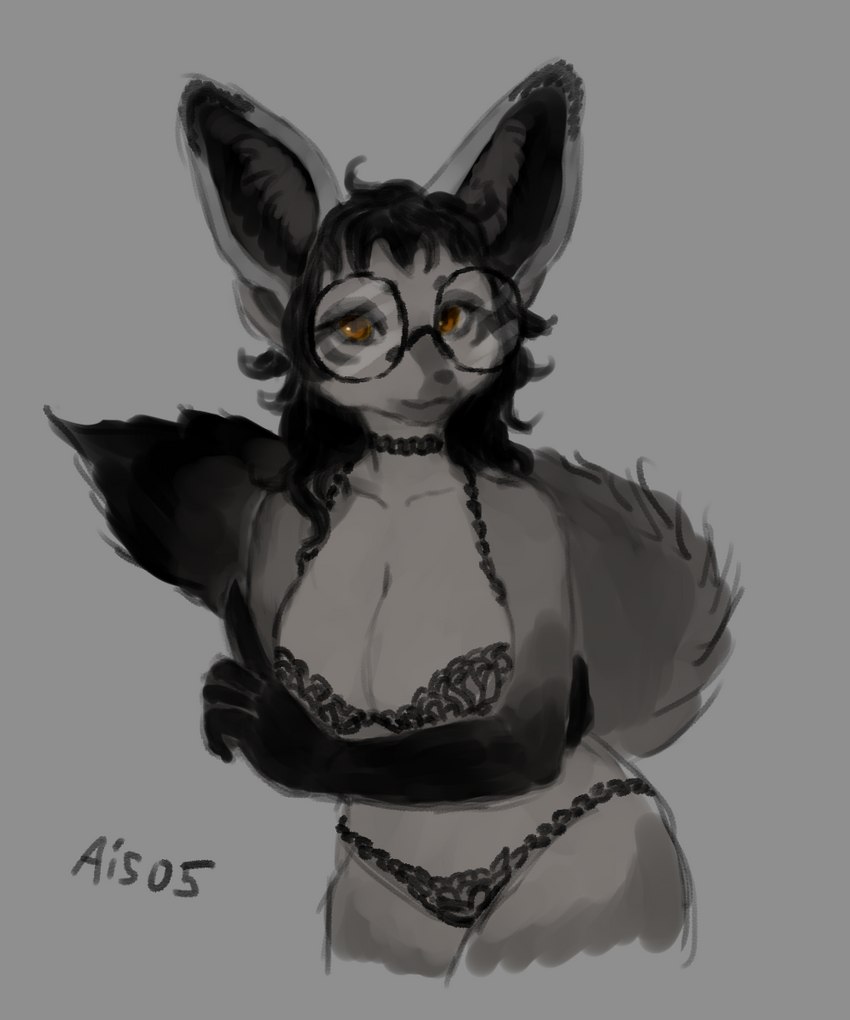 anthro black_nose breasts clothed clothing eyewear female fur glasses hair lingerie looking_at_viewer panties partially_clothed simple_background skimpy solo topwear underwear ais05 paledrake helena_(paledrake) bat-eared_fox canid canine fox mammal 2022 5:6 digital_media_(artwork) hi_res