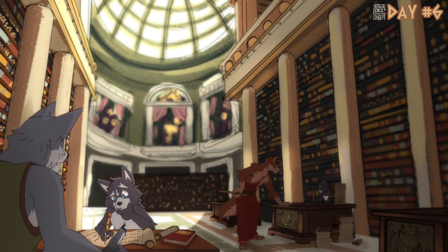 anthro blue_eyes bodily_fluids book book_stack clothing desk eyewear female fur furniture glasses green_clothing grey_body grey_fur group holding_object holding_pen library male pen pillar red_body red_clothing red_fur robe scroll sculpture statue studying sweat table teacher teaching young young_anthro young_female young_male soradezwolfox adastra adastra_(series) echo_project amicus_(adastra) virginia_(adastra) canid canine canis mammal wolf 16:9 2024 hi_res widescreen