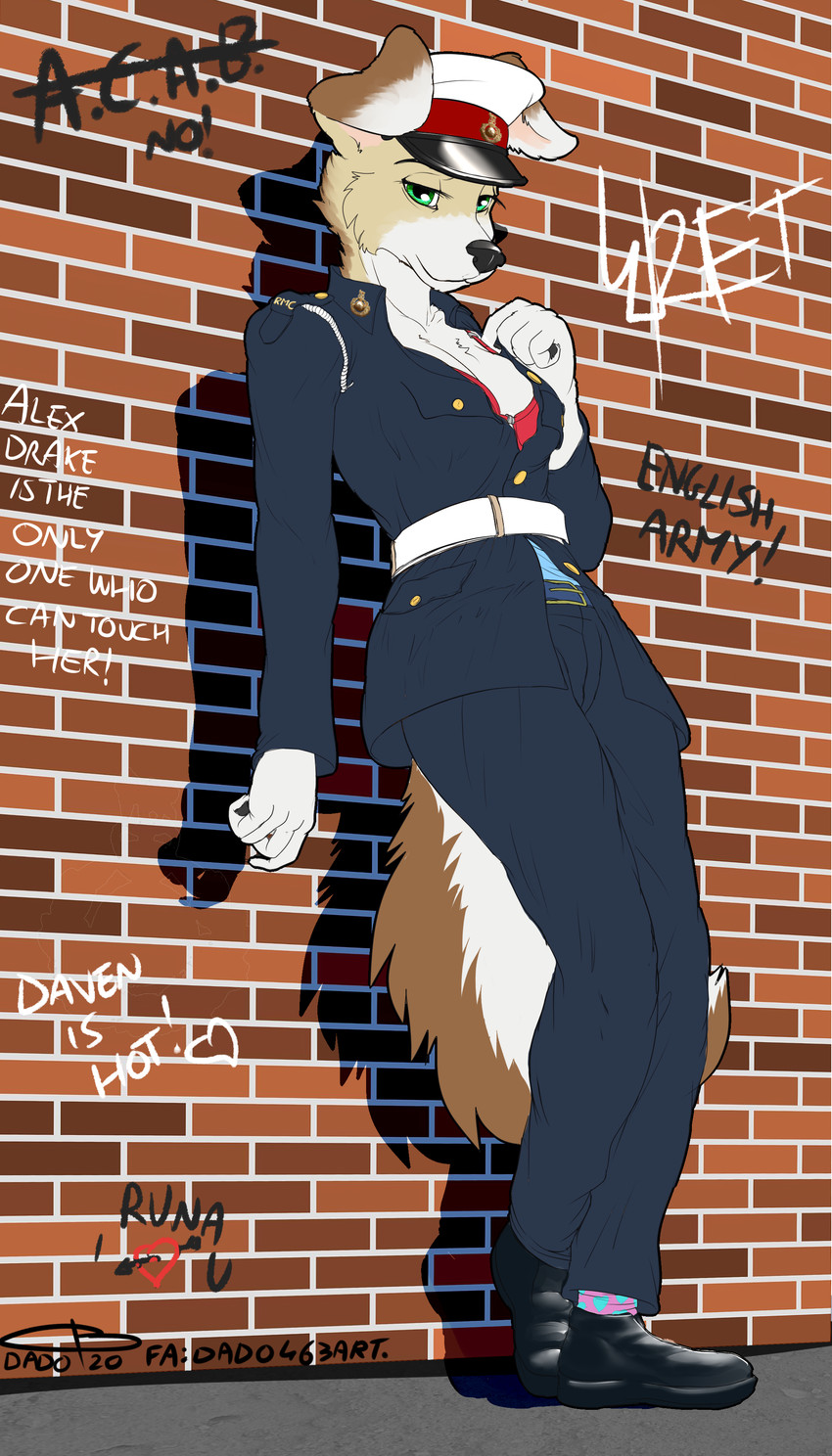 anthro clothing female graffiti hat headgear headwear marines military military_cap military_uniform pose royal_marine solo uniform dado463art daven_(dado463art) canid canine canis domestic_dog mammal 4:7 absurd_res flat_colors hi_res pinup