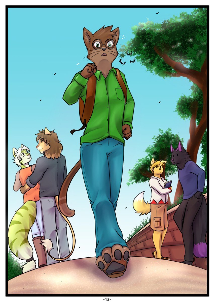 alaxander anthro campus group guest_appearance hellfire male panicking running bluetoxic amorous dustin_(amorous) jesse_cat seth_(amorous) canid canine canis domestic_cat felid feline felis lion mammal pantherine wolf hi_res