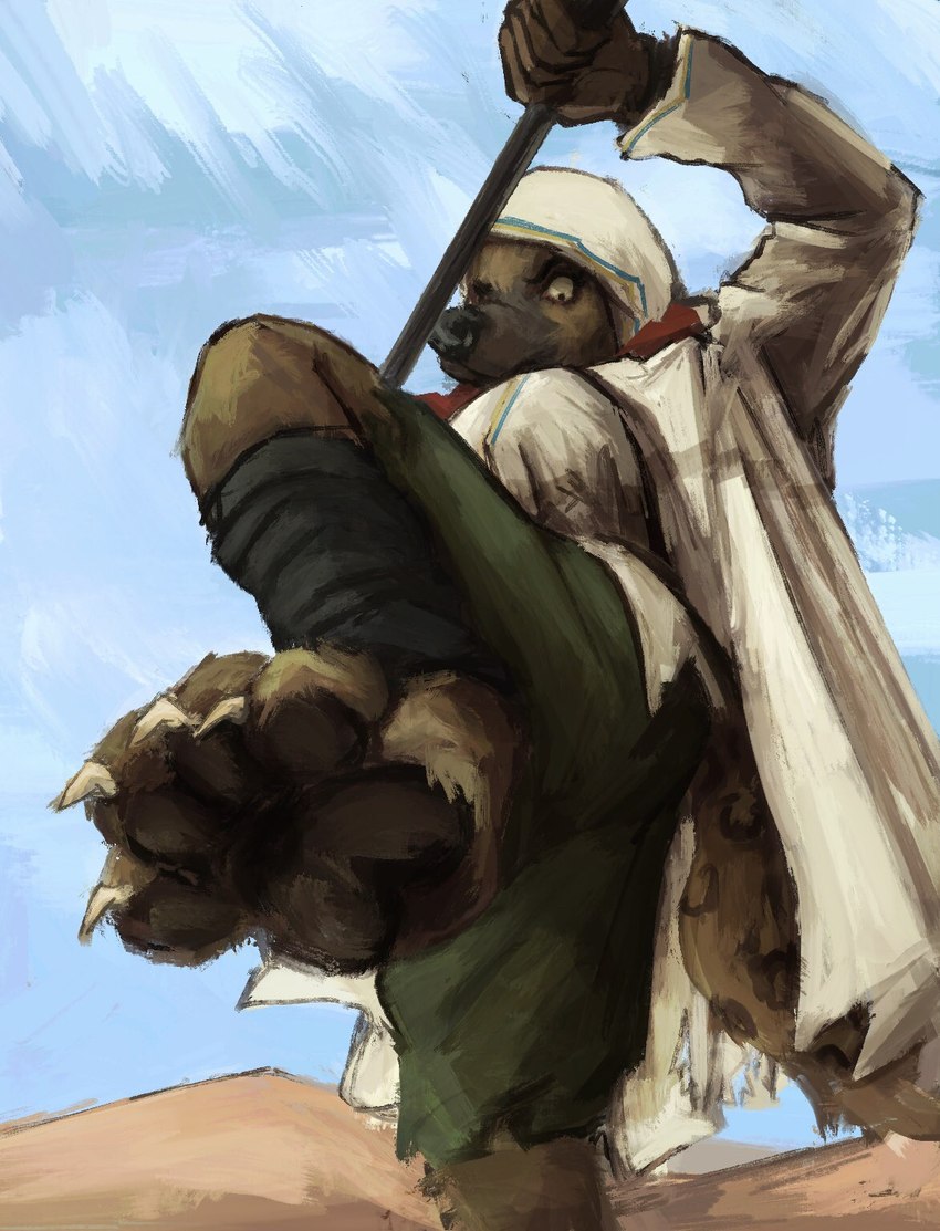 4_toes angry anthro battle bottomwear breasts brown_body brown_fur brown_pawpads cape claws clothed clothing desert dominant dominant_female feet female fight foot_fetish foot_focus fur headgear hindpaw holding_object hood looking_at_viewer looming looming_foot low-angle_view markings melee_weapon outside pawpads paws ring_(marking) scarf shorts sky soles solo staff standing stomping stomping_viewer toe_claws toes topwear weapon worm's-eye_view anon2000000 hyena mammal spotted_hyena digital_media_(artwork) digital_painting_(artwork) hi_res