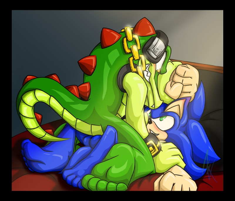 sonic the hedgehog and vector the crocodile (sonic the hedgehog (series) and etc) created by icandy, madammiakoda, and madamsyren