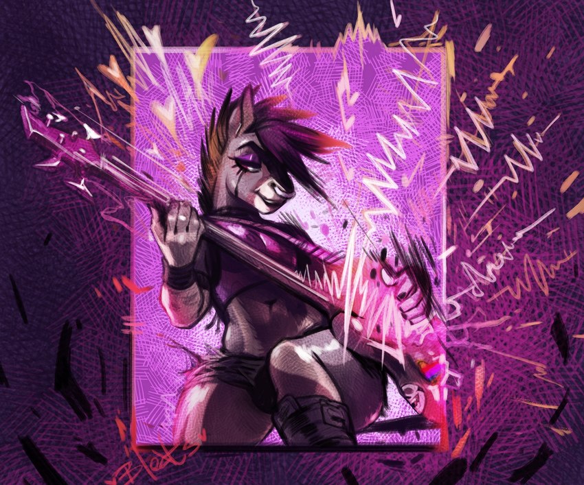 abstract_background anthro bass_guitar bottomwear clothed clothing crossdressing eyeshadow facial_piercing femboy fur grey_body grey_fur guitar heart_symbol hotpants makeup male midriff mohawk musical_instrument navel nose_piercing piercing playing_bass plucked_string_instrument red_eyes running_makeup shorts sleeveless_shirt solo string_instrument thick_thighs wristband bleats riley_(rivanzlatan) asinus donkey equid equine hybrid mammal zebroid zonkey 2024 hi_res