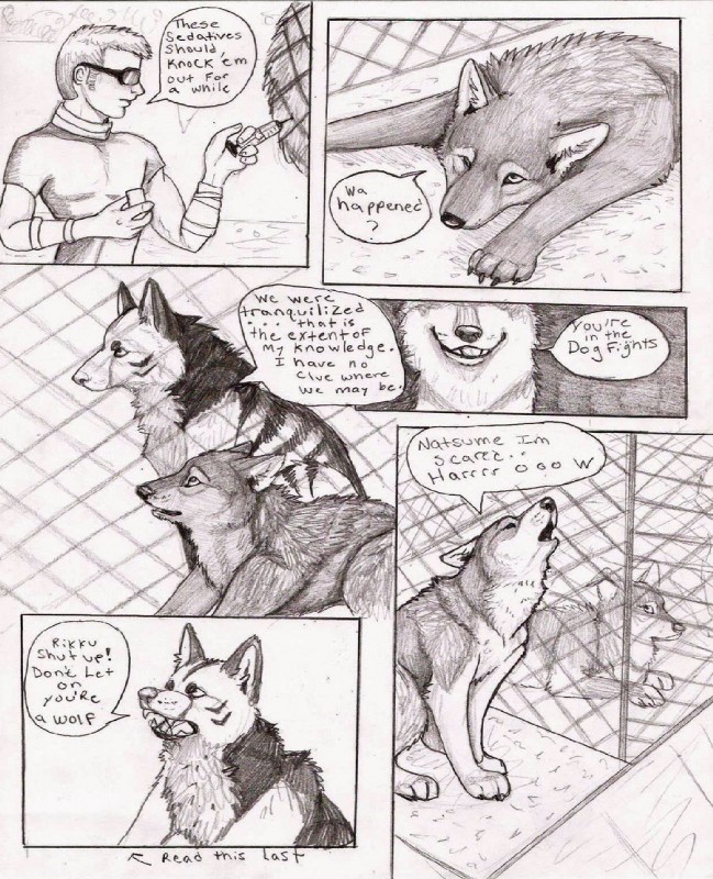 clothed clothing dialogue digitigrade feral fur group male quadruped text natsumewolf rikku wolf's_rain wolf's_rain_next_generation coop_(wrng) natsume_(wrng) oz_(wrng) canid canine canis human mammal wolf comic english_text graphite_(artwork) greyscale monochrome traditional_media_(artwork)