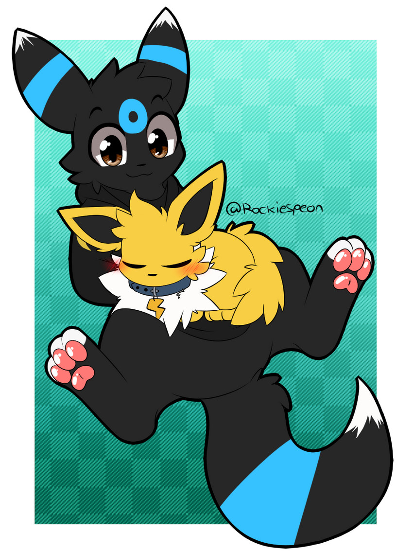 anthro clothing collar cuddling duo feral hoodie jewelry male necklace topwear rockii nintendo pokemon auro_(auropaw) jolt_(wm149) eeveelution generation_1_pokemon generation_2_pokemon jolteon pokemon_(species) shiny_pokemon umbreon 3:4 hi_res