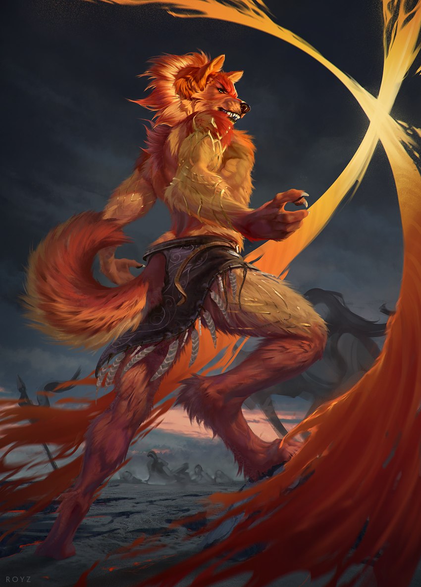 anthro attack battle fantasy fire magic magic_user male spell war warrior conditional_dnp latex_(artist) canid canine canis domestic_dog mammal wolf 2023 hi_res