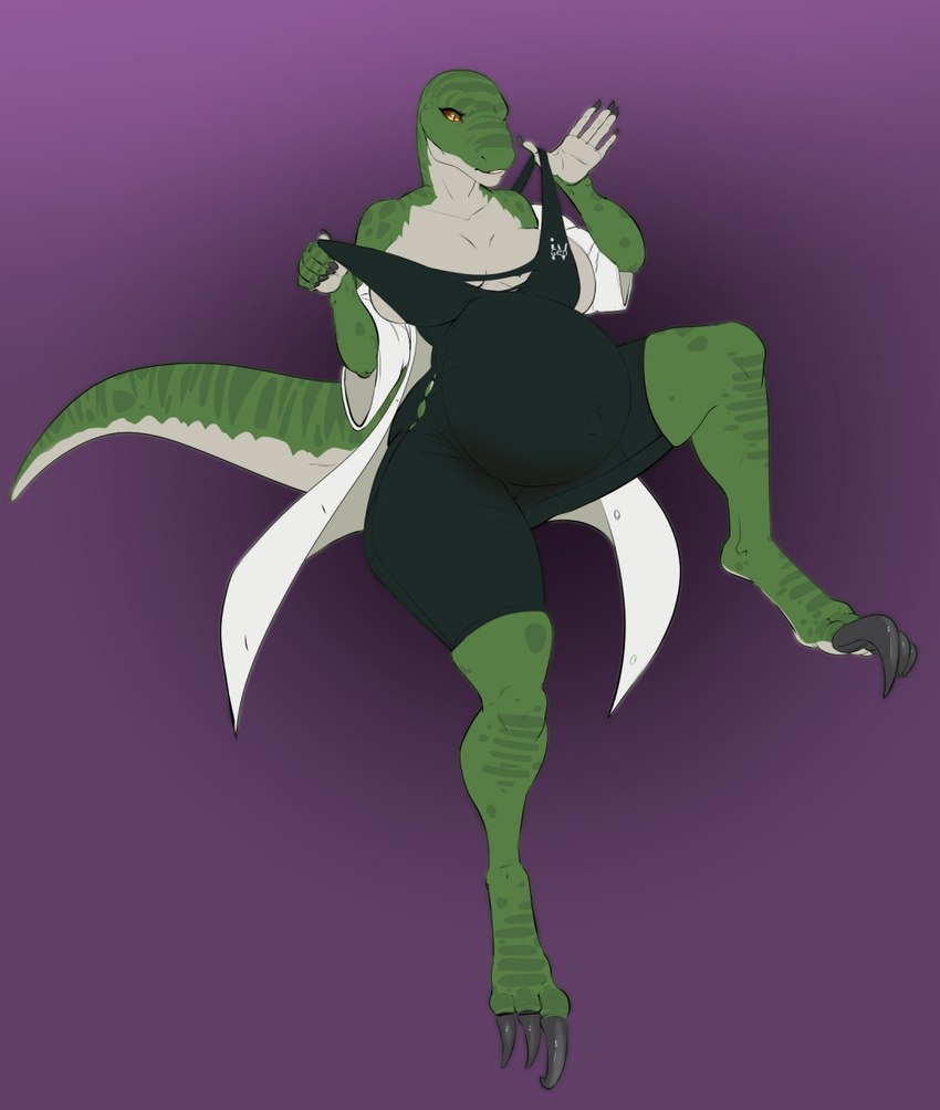 amber_eyes anthro belly big_belly big_breasts black_claws bodysuit breasts claws clothing clothing_pull coat curvy_figure feet female green_body green_scales lab_coat one_leg_up pregnant pregnant_anthro pregnant_female raised_leg scales simple_background sitting skinsuit solo talons thick_thighs tight_clothing toe_claws toes topwear voluptuous wide_hips pregoo burgess_shale_(lucidum) dinosaur dromaeosaurid prehistoric_species reptile scalie theropod velociraptor 2020 hi_res