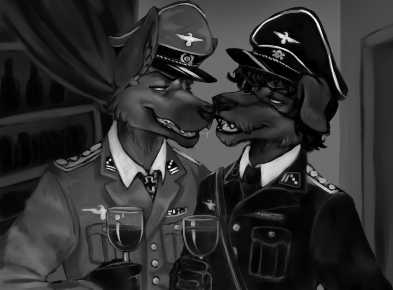 alcohol beverage bodily_fluids clothed clothing container cup drinking_glass duo eye_patch eyewear floppy_ears fur glass glass_container glass_cup hat headgear headwear kissing male male/male military nazi officer saliva soldier uniform warrior wine wine_glass foxyane wehrmacht hauptmann_meade canid canine canis domestic_dog drahthaar german_shepherd herding_dog mammal pastoral_dog greyscale lol_comments monochrome