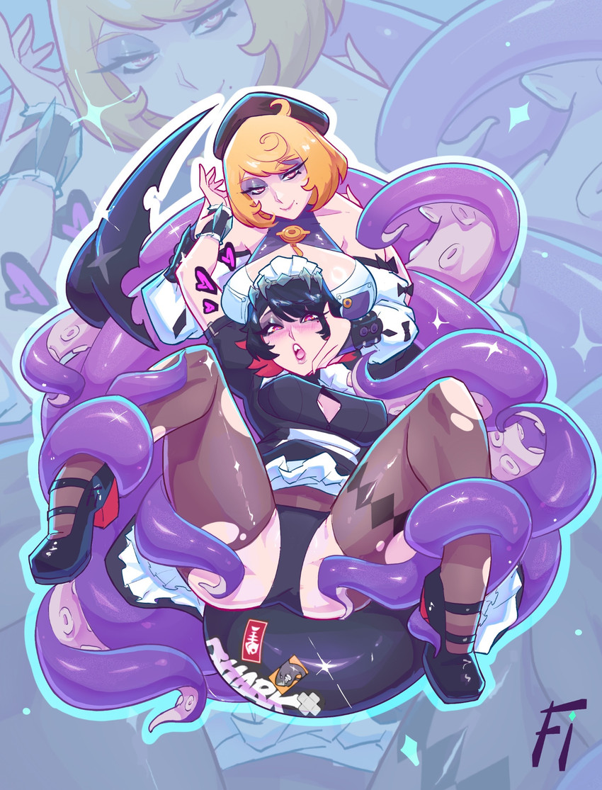 animal_tail beret big_breasts black_clothing black_dress black_footwear black_hair black_panties black_shoes black_tail black_underwear blonde_hair blue_background blush blush_lines breasts clothing dress duo eyelashes female fish_tail footwear front_view hair hat headgear headwear high_heels legwear looking_at_viewer maid_headdress maid_uniform mole_under_eye mole_under_mouth multi_tail panties pantyhose purple_tentacles red_eyes red_hair shoes short_hair simple_background smile spread_legs spreading tail tan_body tan_skin tentacle_tail tentacles thick_thighs torn_clothing torn_legwear torn_pantyhose underwear uniform unusual_anatomy unusual_tail wide_hips frostedink mihoyo zenless_zone_zero ellen_joe yidhari_murphy animal_humanoid cephalopod cephalopod_humanoid fish fish_humanoid humanoid marine marine_humanoid mollusk mollusk_humanoid octopus_humanoid shark_humanoid tailed_humanoid thiren hi_res