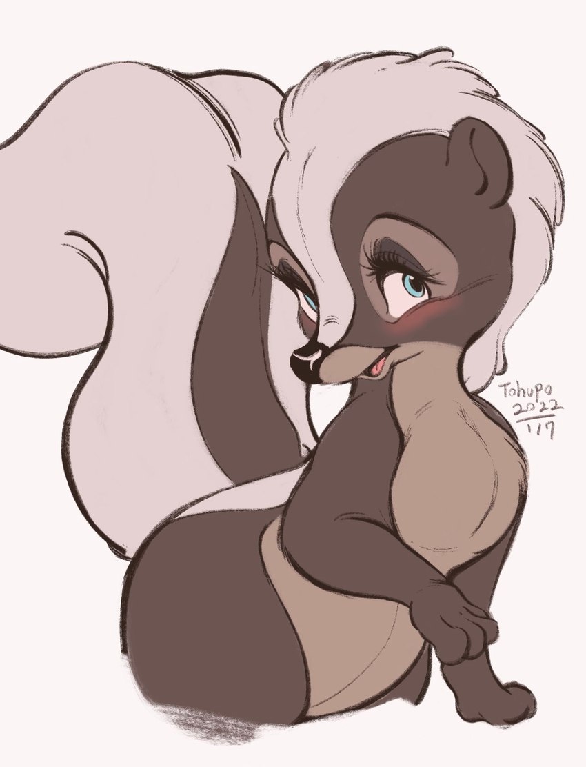 black_nose blush chest_tuft eyelashes feral fur head_tuft open_mouth open_smile semi-anthro simple_background smile solo tuft white_background conditional_dnp tohupo bambi_(film) disney flower_(bambi) mammal mephitid skunk 2022 artist_name dated digital_media_(artwork) hi_res