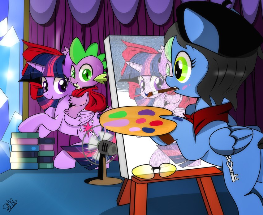 blue_body book book_stack brush canvas cloak clothing detailed_background easel electric_fan female feral green_eyes group hat headgear headwear horn inside male paintbrush painting palette pose purple_body purple_eyes scarf trio wings dsana friendship_is_magic hasbro my_little_pony mythology napoleon_crossing_the_alps fan_character spike_(mlp) twilight_sparkle_(mlp) dragon equid equine mammal mythological_creature mythological_equine mythological_scalie pegasus scalie winged_unicorn 2018 inspired_by_formal_art signature